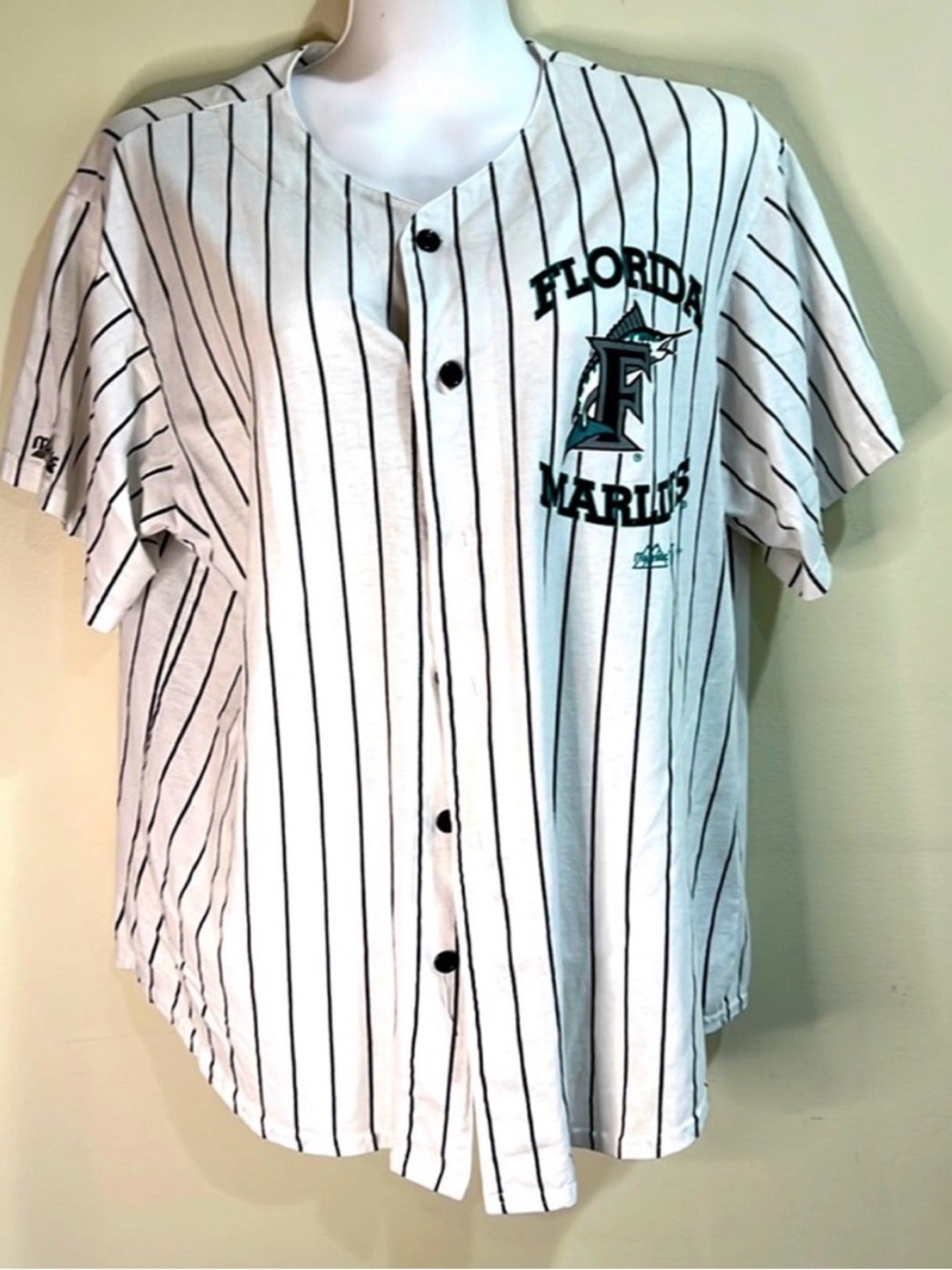 Vintage 1997 Majestic Florida Marlins Pinstripe Button-Up Jersey